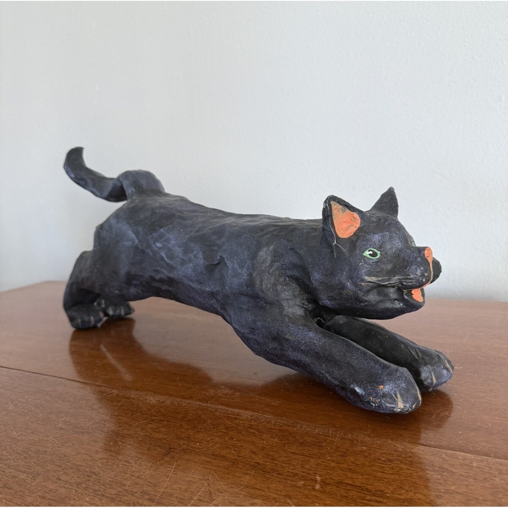 Vtg Halloween Folk Art Black Cat Sculpture Green Eyes Primitive‎ Paper Mache 19"